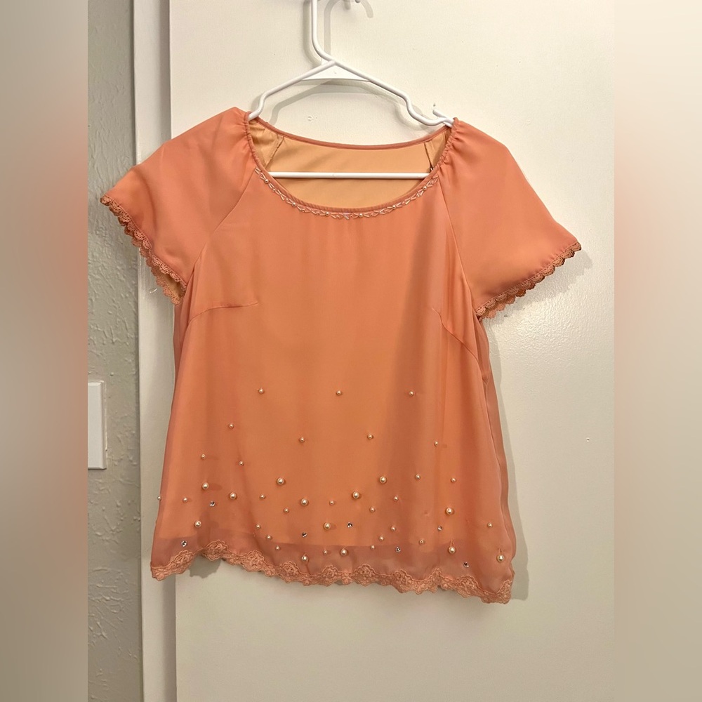 Elegant Peach Beaded Women's Top Women’s S